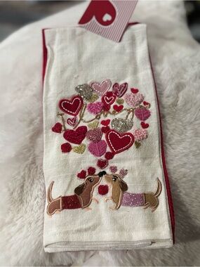 Embroidered Dachshund Valentine Kitchen Towel - White with Pinks & Red
